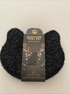 Black Cat Manicure Tool Set with Fuzzy Cat Clutch | 6-Piece Travel Nail Kit